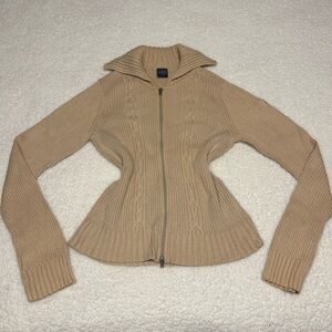 Nautica Jeans Women Tan Vintage Ribbed Full Zip Sweater